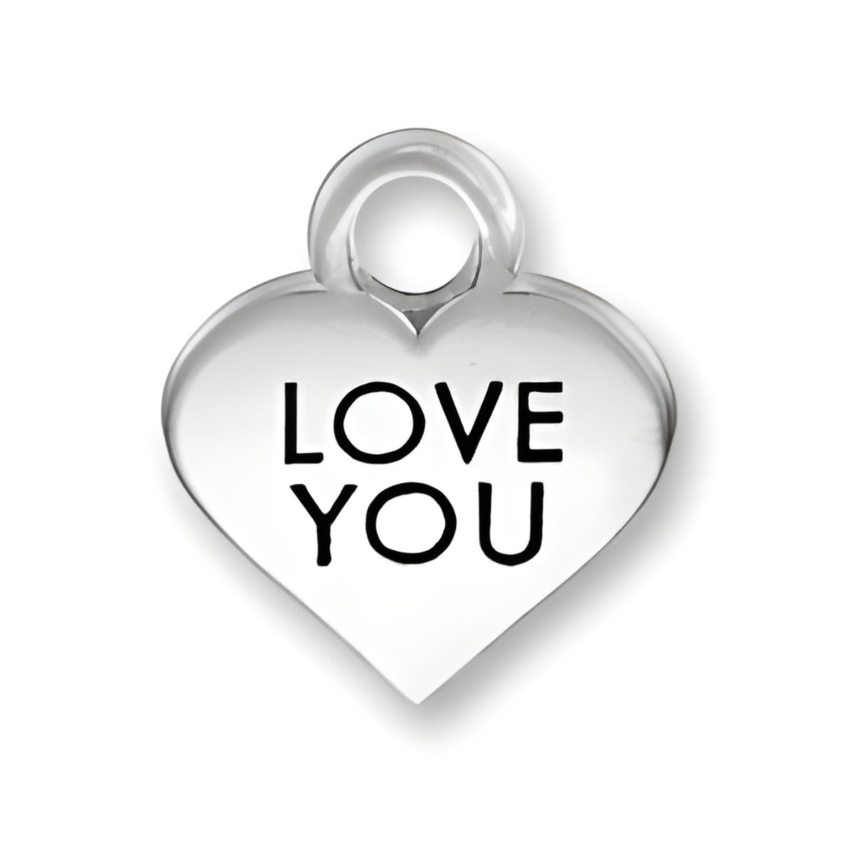 Thin Love You Heart Charm by Charm Factory, made of polished silver with 'LOVE YOU' engraved in black.
