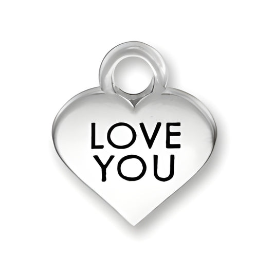 Thin Love You Heart Charm by Charm Factory, made of polished silver with 'LOVE YOU' engraved in black.