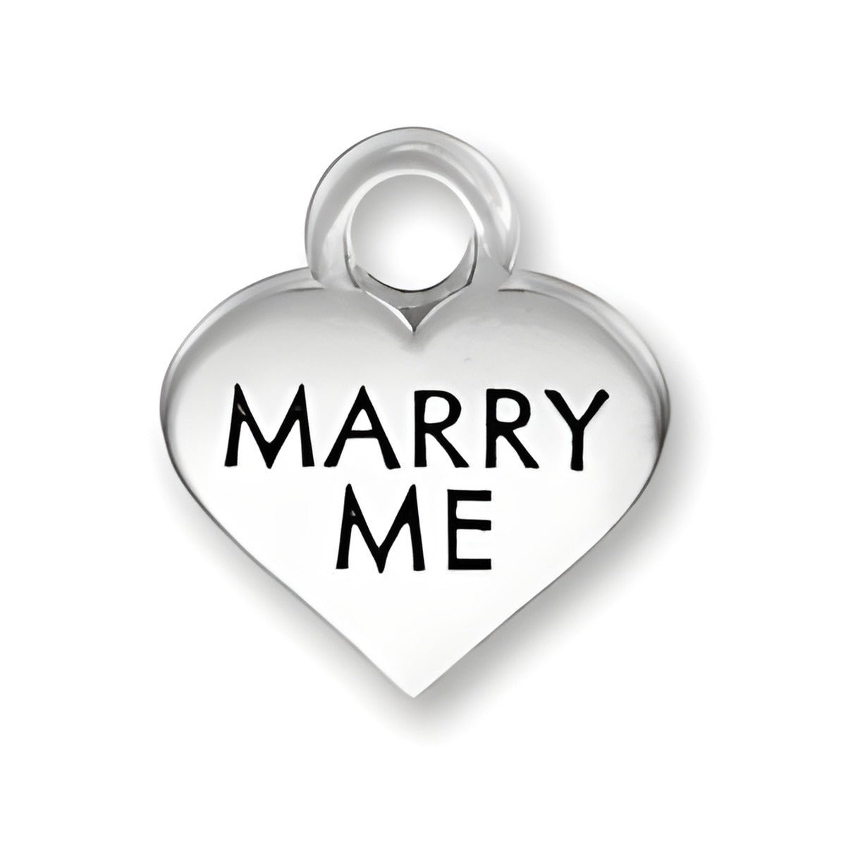 Thin Marry Me Heart Charm by Charm Factory, made of polished silver with engraved text 'MARRY ME'.