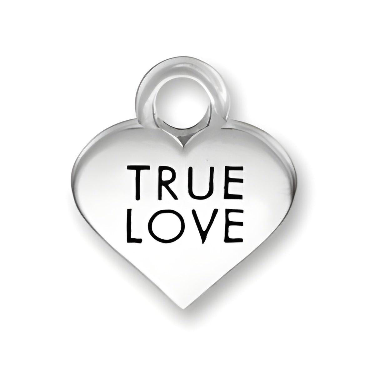 Thin True Love Heart Charm made of silver, featuring the engraved words 'TRUE LOVE' in a bold font.