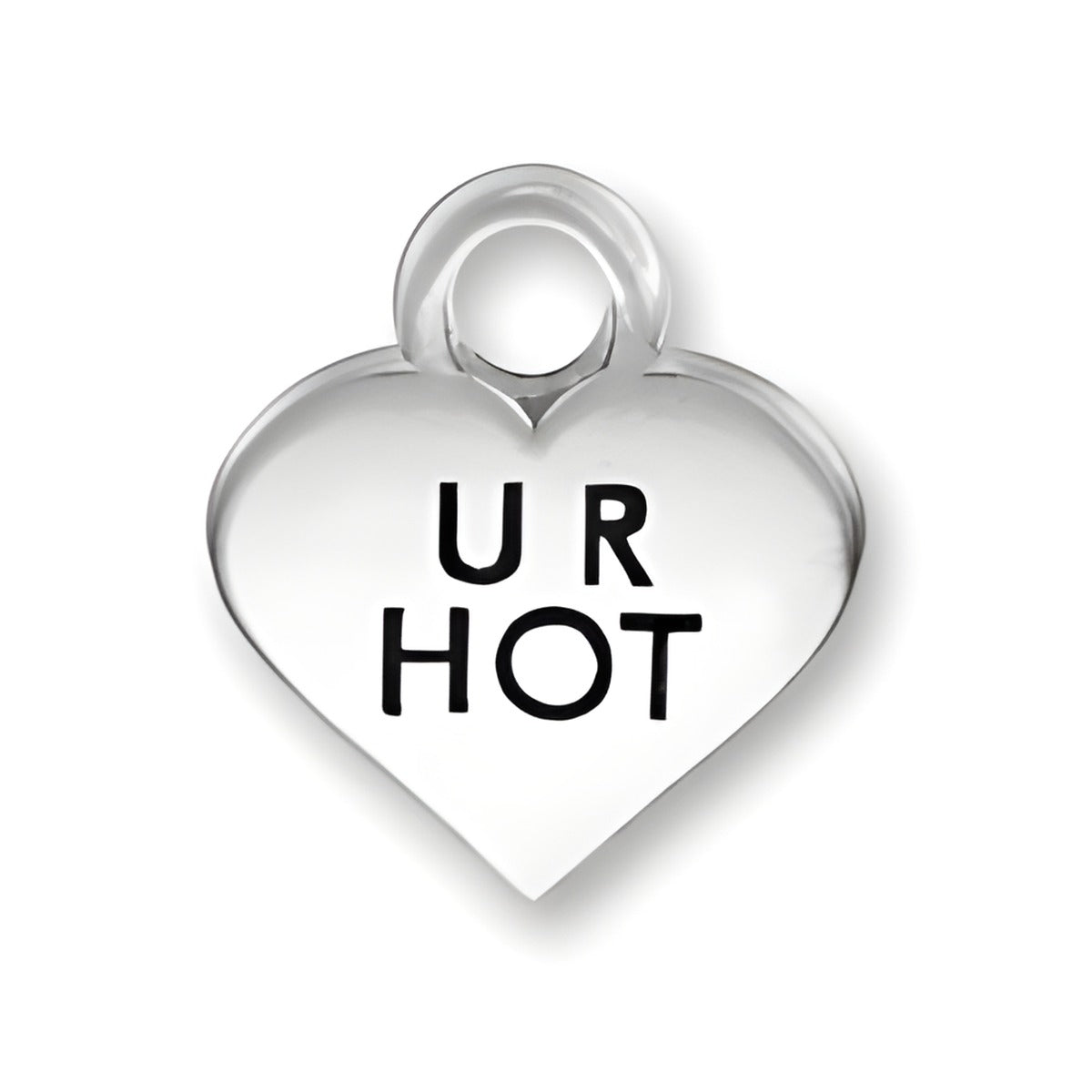 Thin U R Hot Heart Charm by Charm Factory, made of polished silver with black lettering.