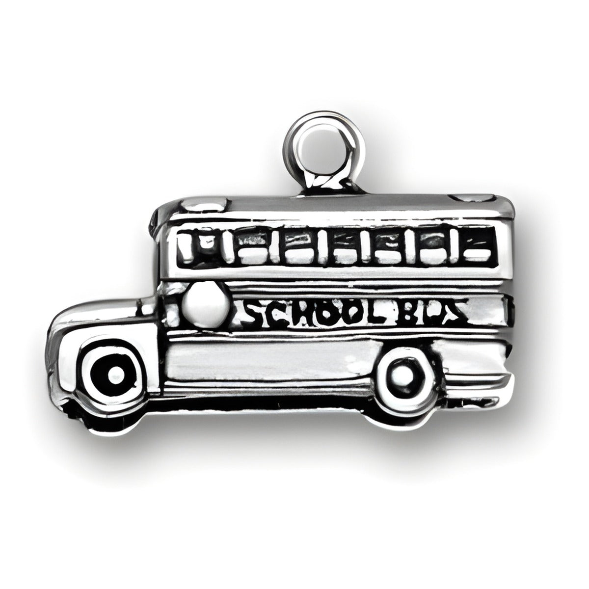Charm Factory Three Dimensional School Bus Charm, crafted from silver-tone metal with detailed features.