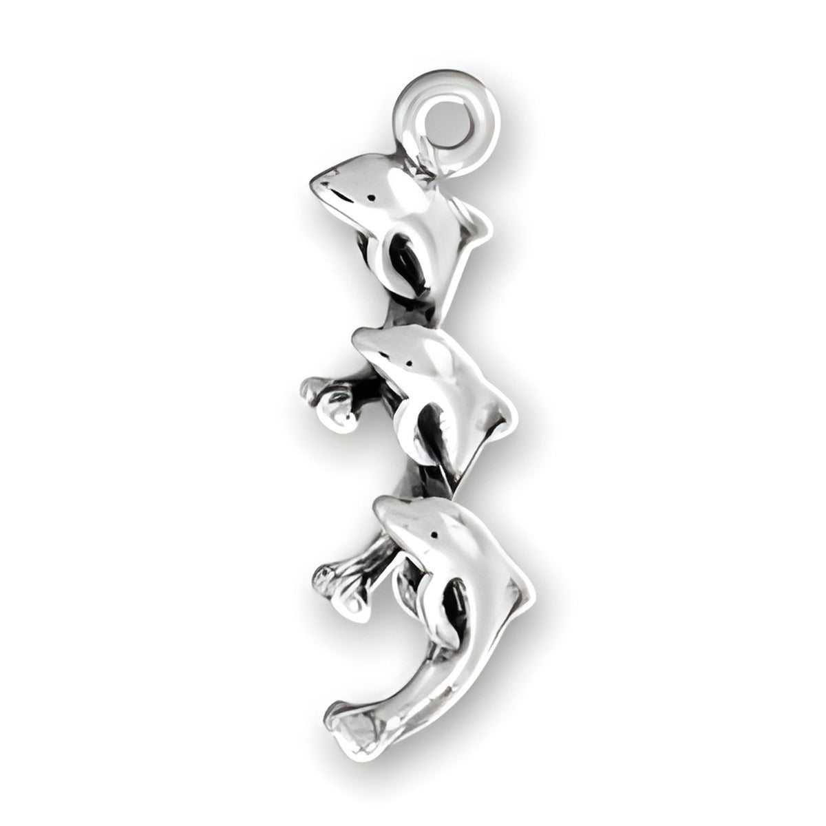 Charm Factory Three Dolphins Charms made of polished silver, featuring three playful dolphin figures in a stacked design.