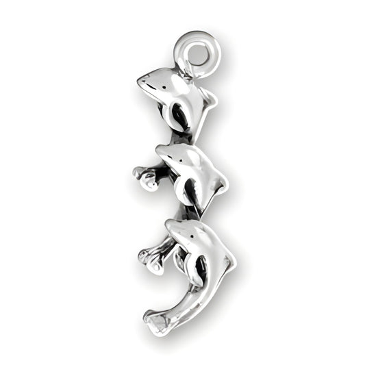 Charm Factory Three Dolphins Charms made of polished silver, featuring three playful dolphin figures in a stacked design.