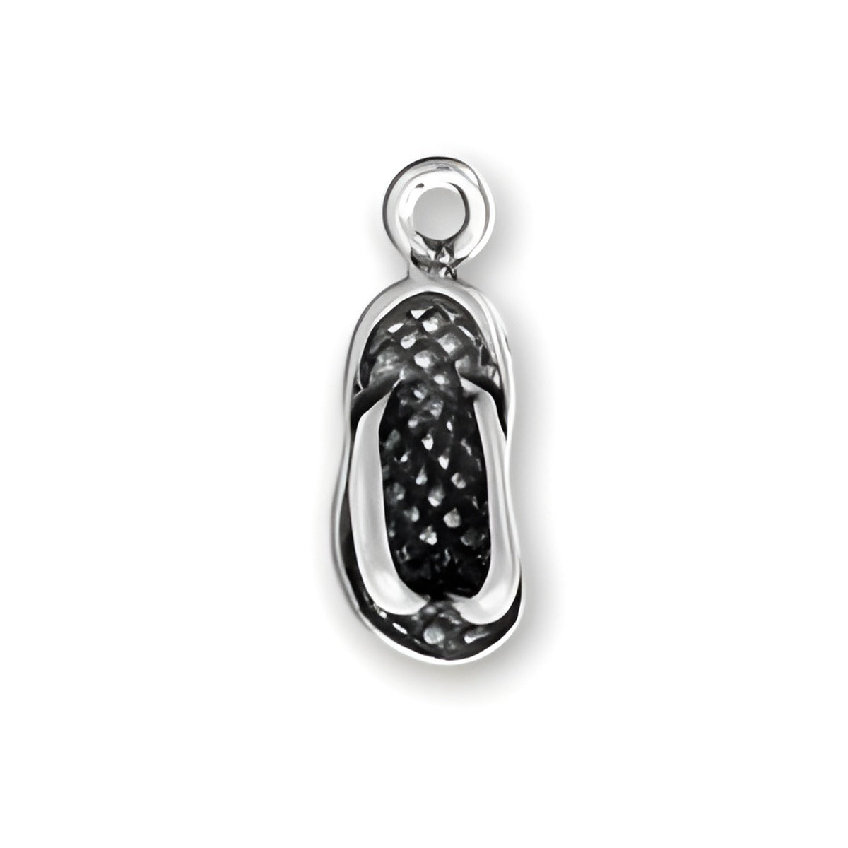Tiny Flip Flop Charm by Charm Factory, made of silver, featuring detailed design and a loop for attachment.