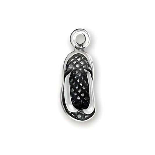 Tiny Flip Flop Charm by Charm Factory, made of silver, featuring detailed design and a loop for attachment.