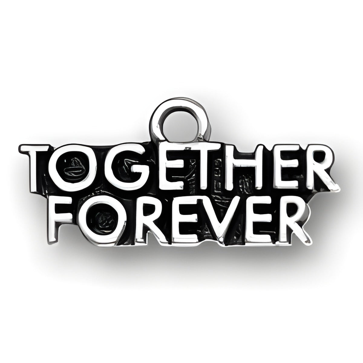 Together Forever charm made of sterling silver, featuring bold lettering on a black background.