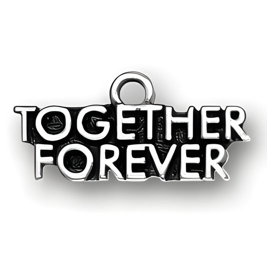 Together Forever charm made of sterling silver, featuring bold lettering on a black background.