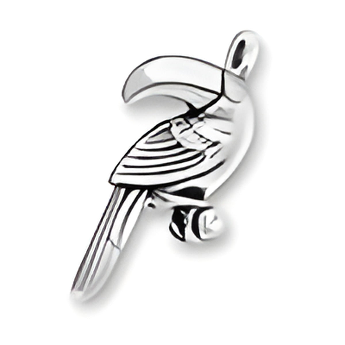 Toucan Charm made of sterling silver, featuring detailed engraving and a realistic design of a toucan bird.