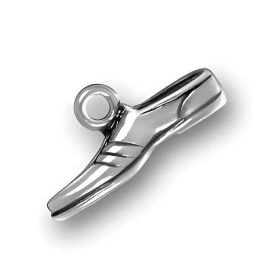 Charm Factory Track Shoe Charm, made of silver, featuring a detailed design of a track shoe with a loop for attachment.