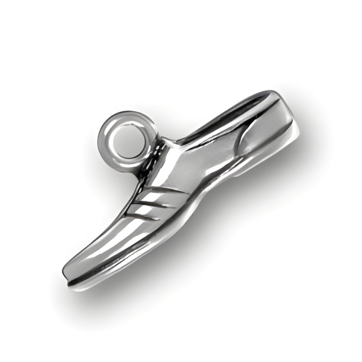 Charm Factory Track Shoe Charm, made of silver, featuring a detailed design of a track shoe with a loop for attachment.