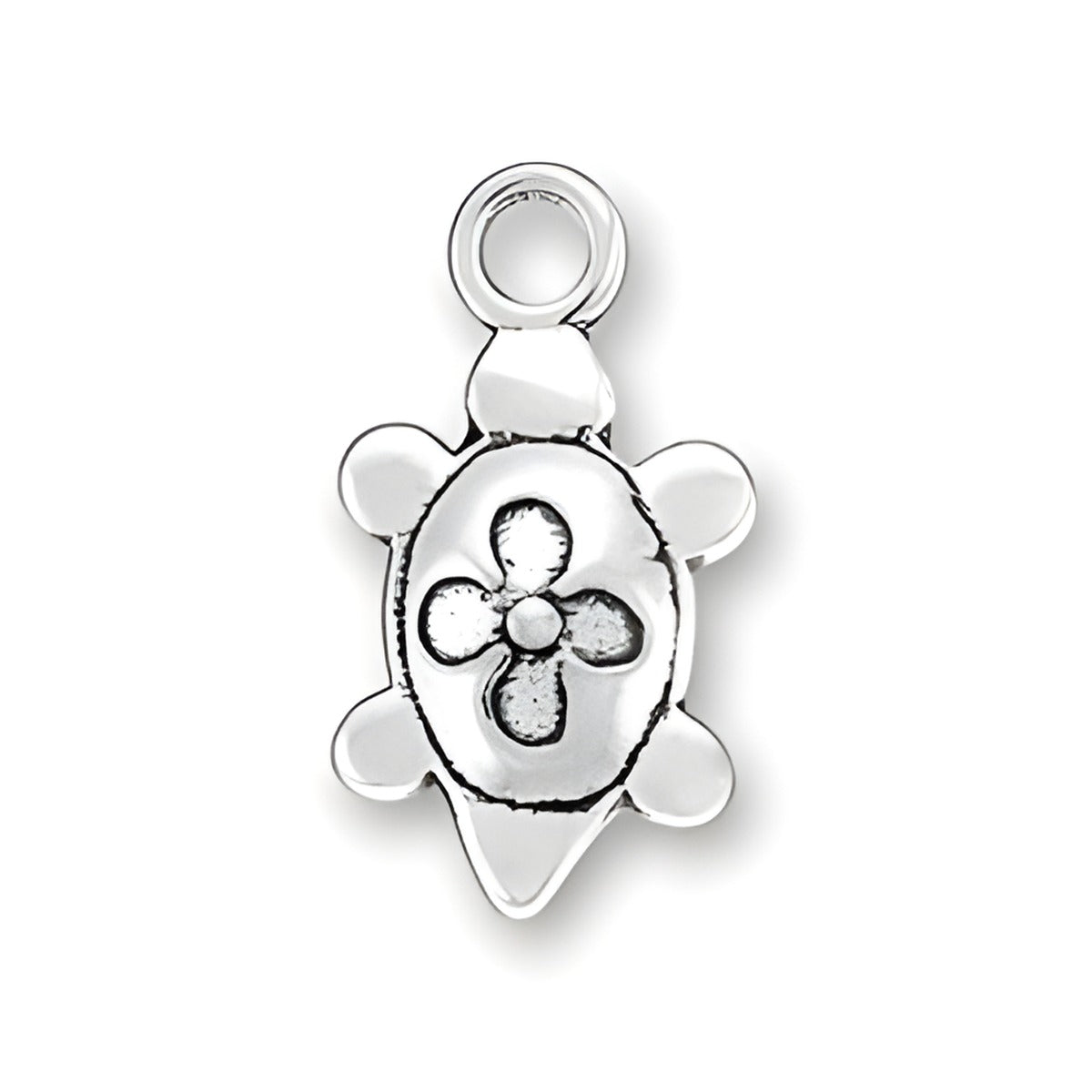 Charm Factory Turtle Charm made of silver, featuring a detailed turtle design with a flower on its shell.