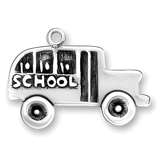 Charm Factory Two Dimensional School Bus Charm made of silver, featuring detailed wheels and 'SCHOOL' inscription.