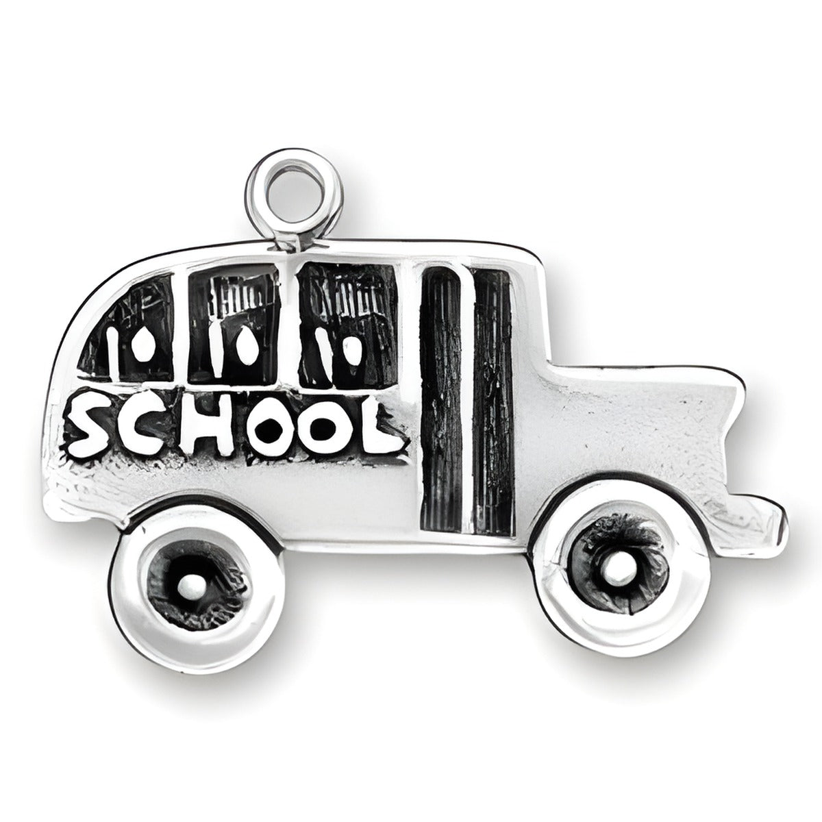 Charm Factory Two Dimensional School Bus Charm made of silver, featuring detailed wheels and 'SCHOOL' inscription.