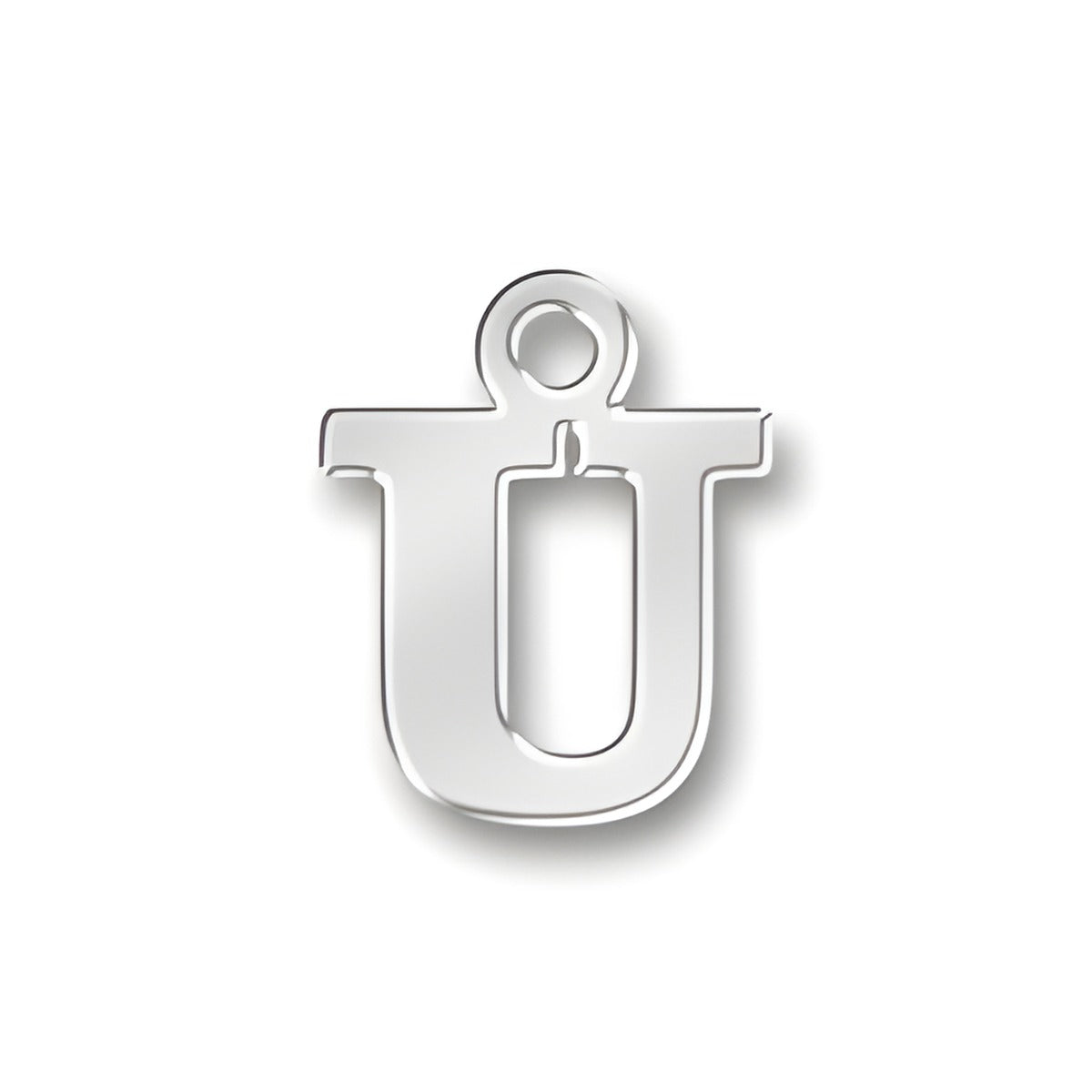 U Letter Charm by Charm Factory, crafted from sterling silver, featuring a polished finish and a loop for attachment.