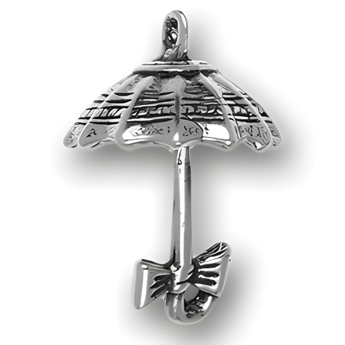 Sterling silver umbrella charm with a bow detail, showcasing intricate design and polished finish.
