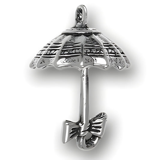 Sterling silver umbrella charm with a bow detail, showcasing intricate design and polished finish.