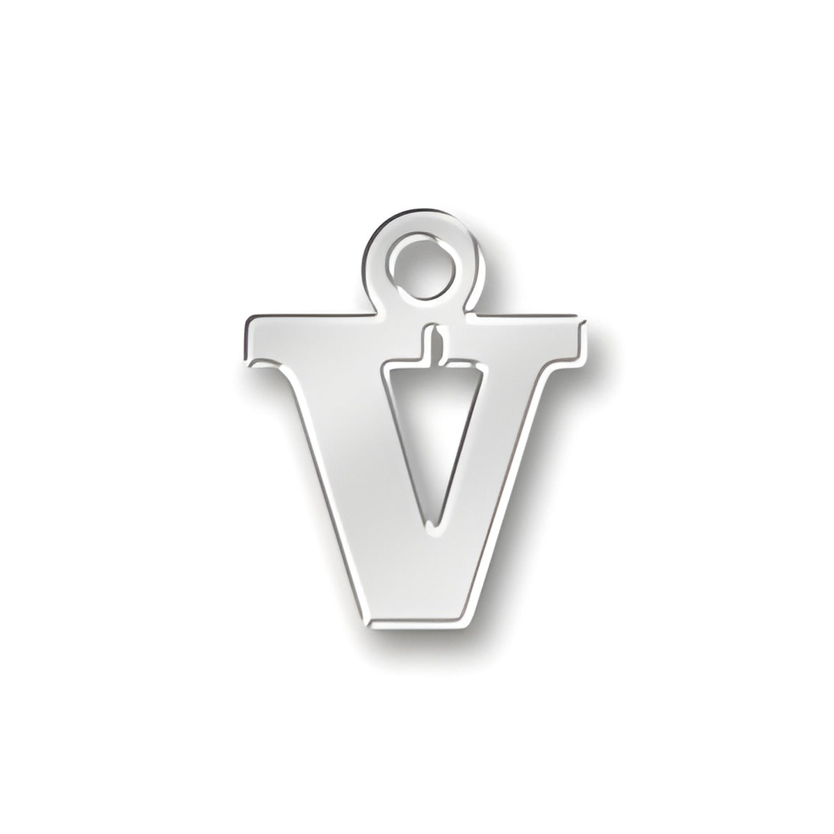 V Letter Charm in sterling silver, featuring a bold, stylized 'V' design with a loop for attachment.