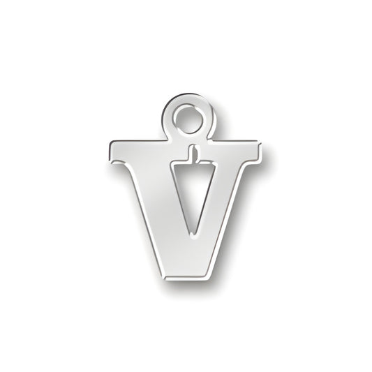 V Letter Charm in sterling silver, featuring a bold, stylized 'V' design with a loop for attachment.