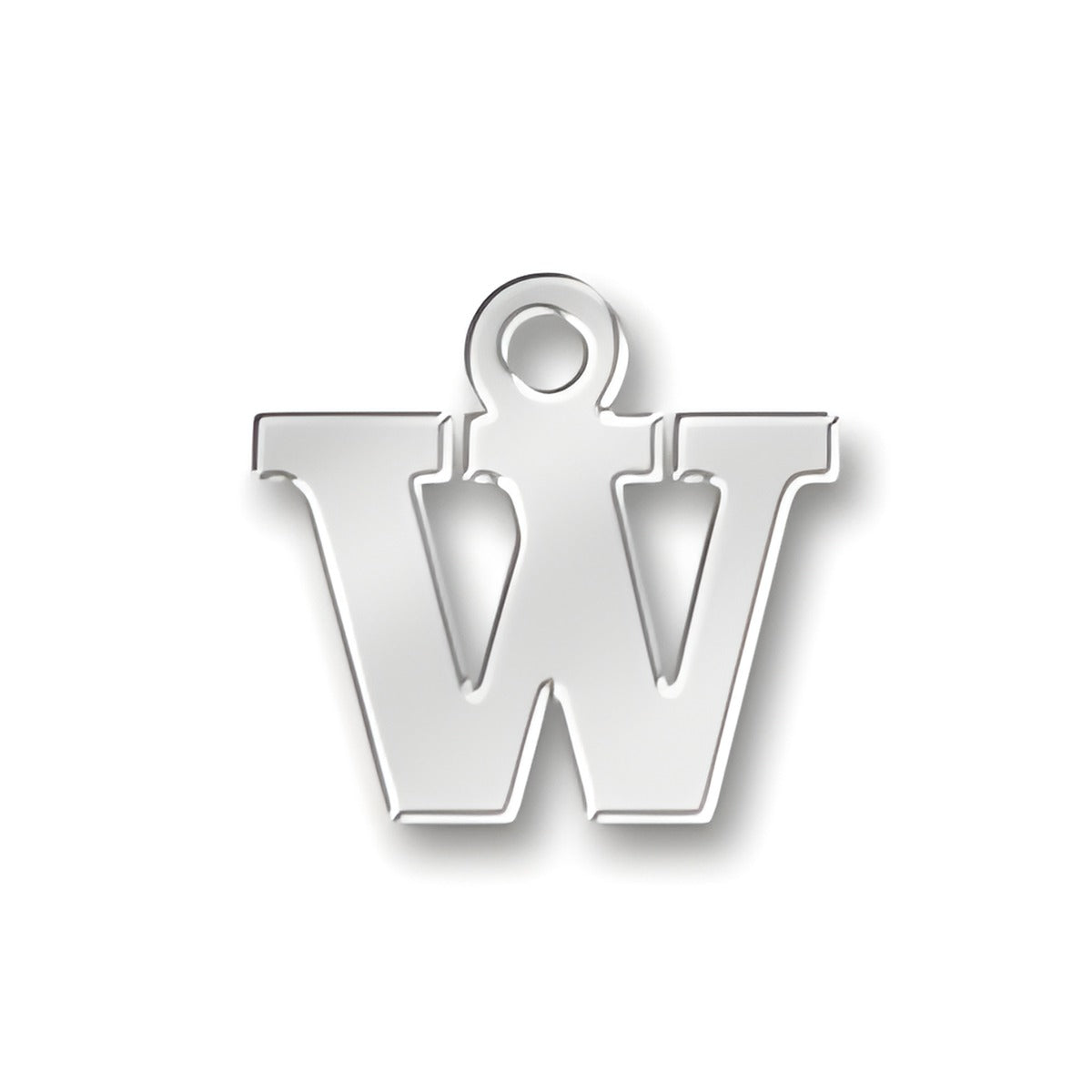 W Letter Charm made of sterling silver, featuring a bold, stylized letter 'W' with a loop for attachment.