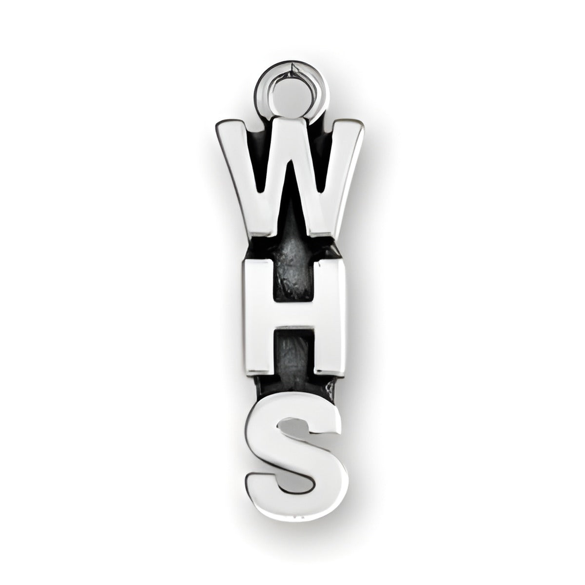 WHS charm made of sterling silver, featuring bold, stylized letters W, H, and S in a vertical arrangement.