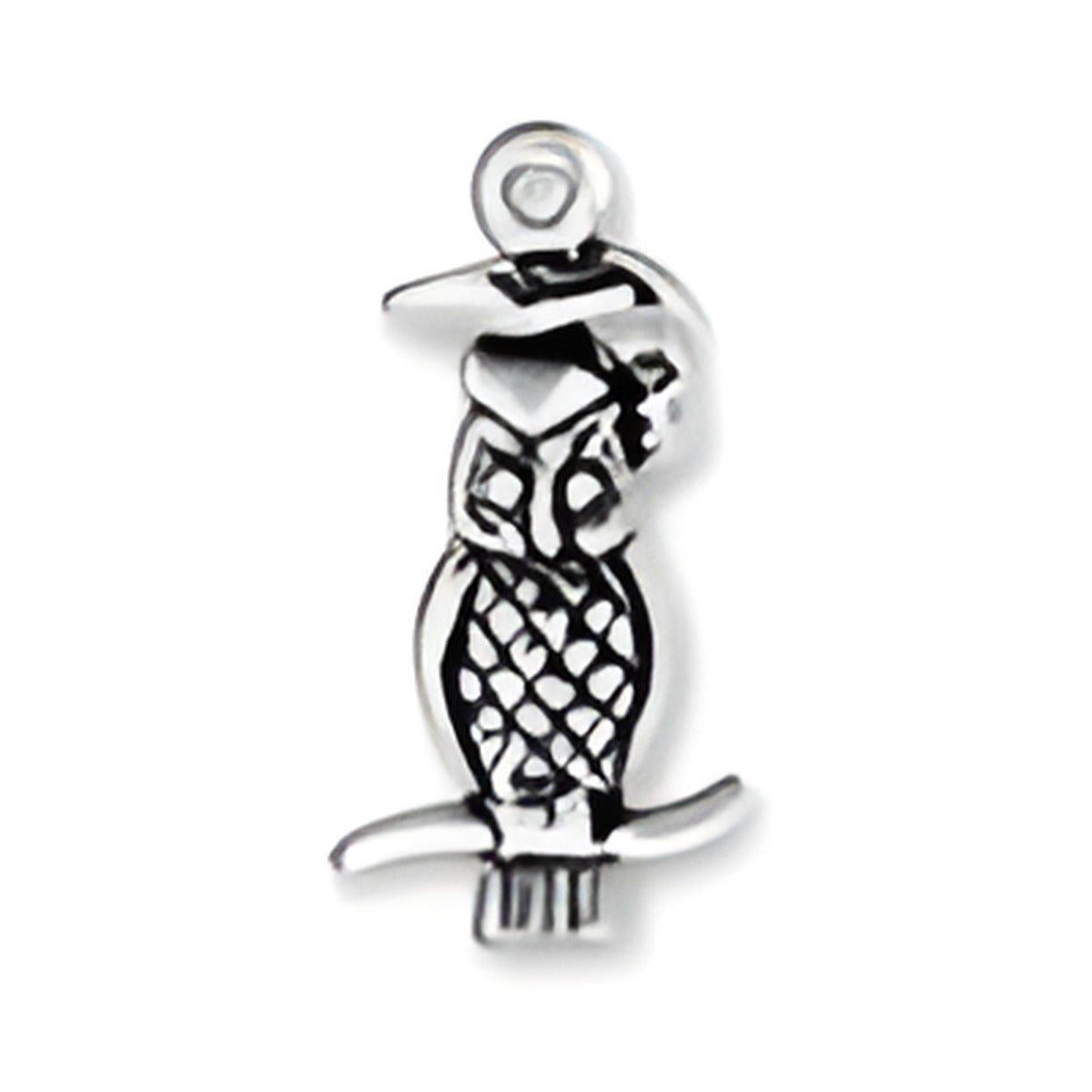 Wise Owl Charm made of sterling silver, featuring intricate detailing and a perched design. Alt view.
