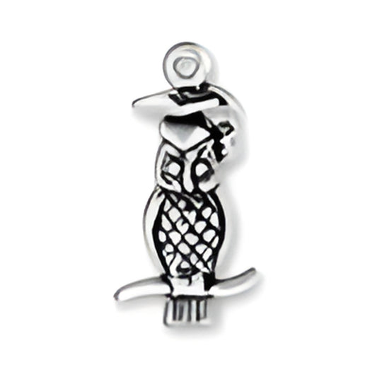 Wise Owl Charm made of sterling silver, featuring intricate detailing and a perched design. Alt view.