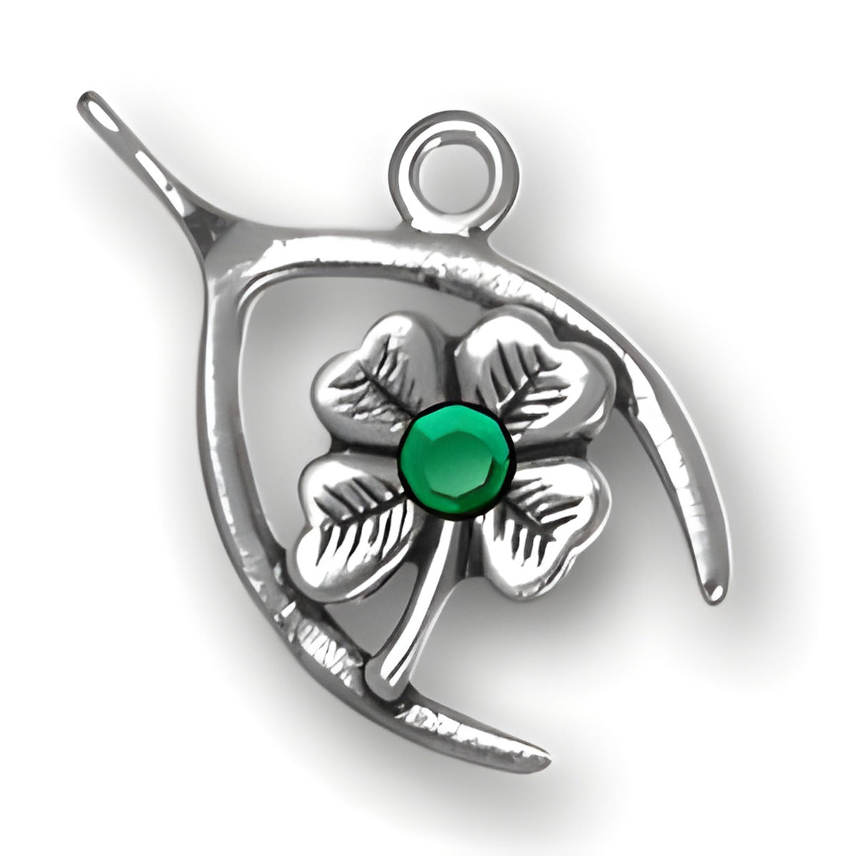 Wishbone Clover charm made of sterling silver, featuring a green crystal at the center of a four-leaf clover.