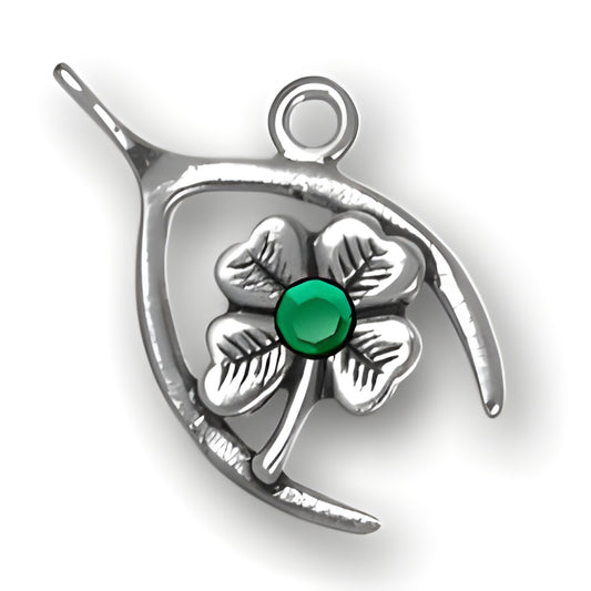 Wishbone Clover charm made of sterling silver, featuring a green crystal at the center of a four-leaf clover.