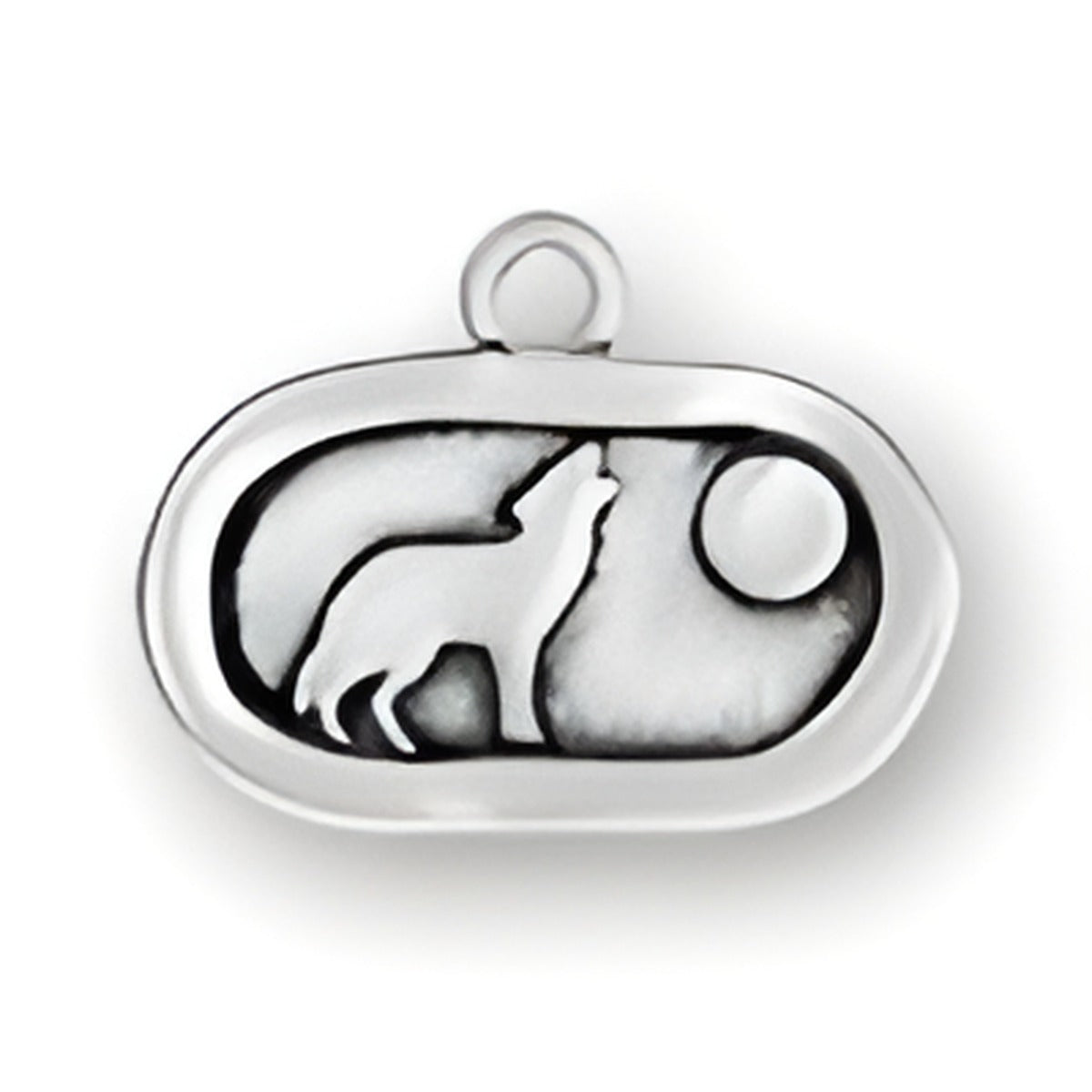 Wolf Charm by Charm Factory, made of silver, featuring a howling wolf silhouette against a moon background.