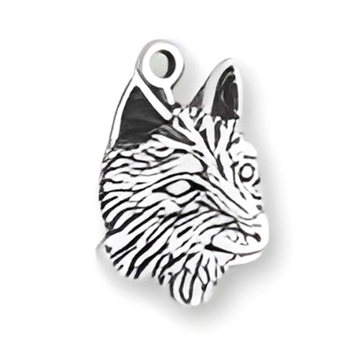 Charm Factory Wolf Head Charm made of silver-tone metal, featuring detailed engravings of a wolf's face.