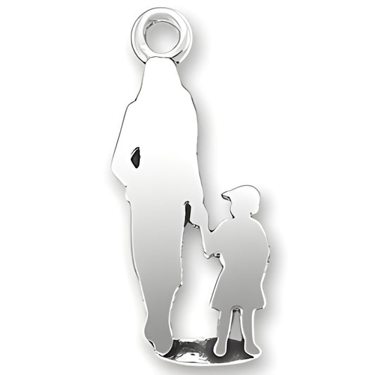 Woman Walking with Child Charm, sterling silver charm depicting a mother and child holding hands.