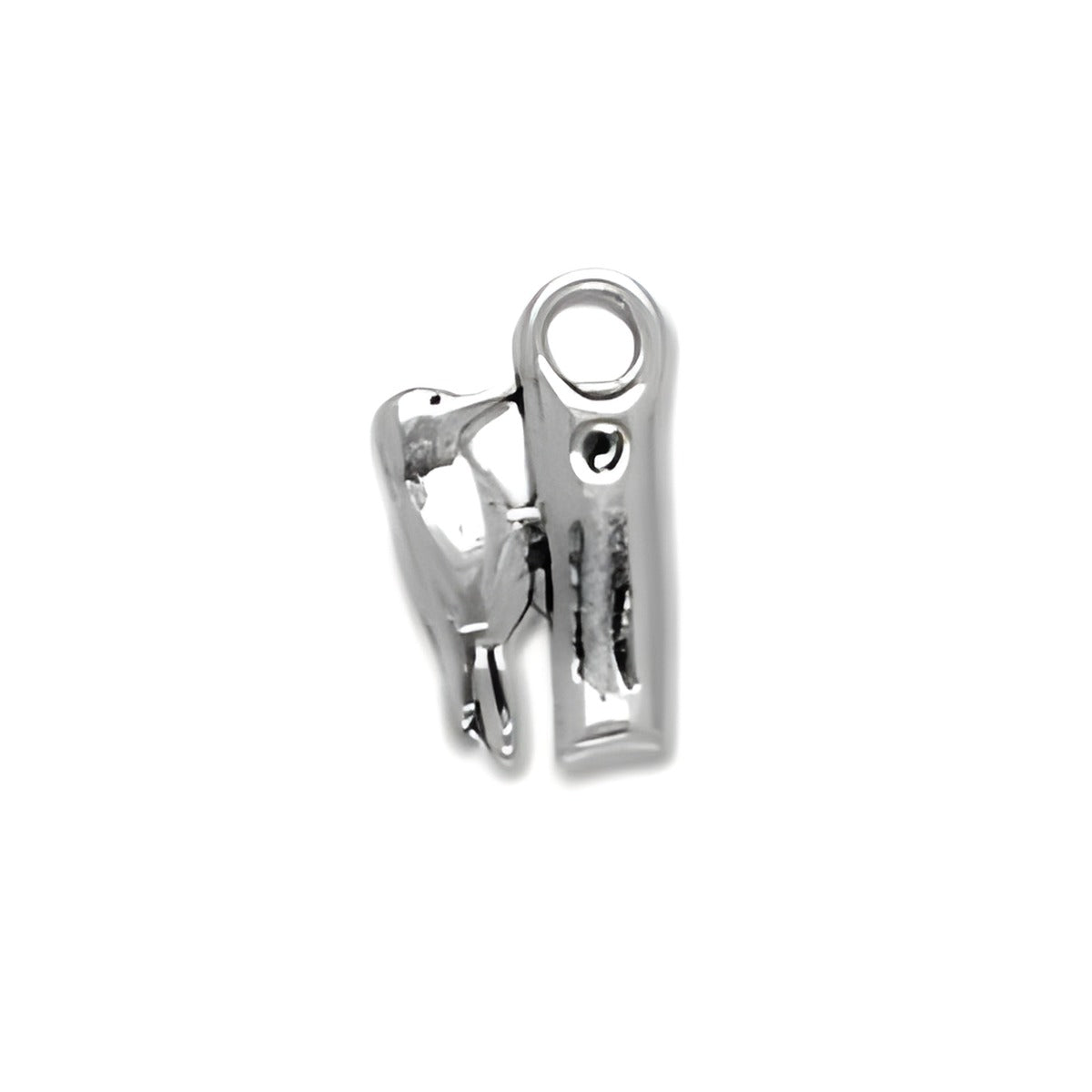 Woodpecker Charm made of sterling silver, featuring a detailed bird design with a loop for attachment. Alt view.