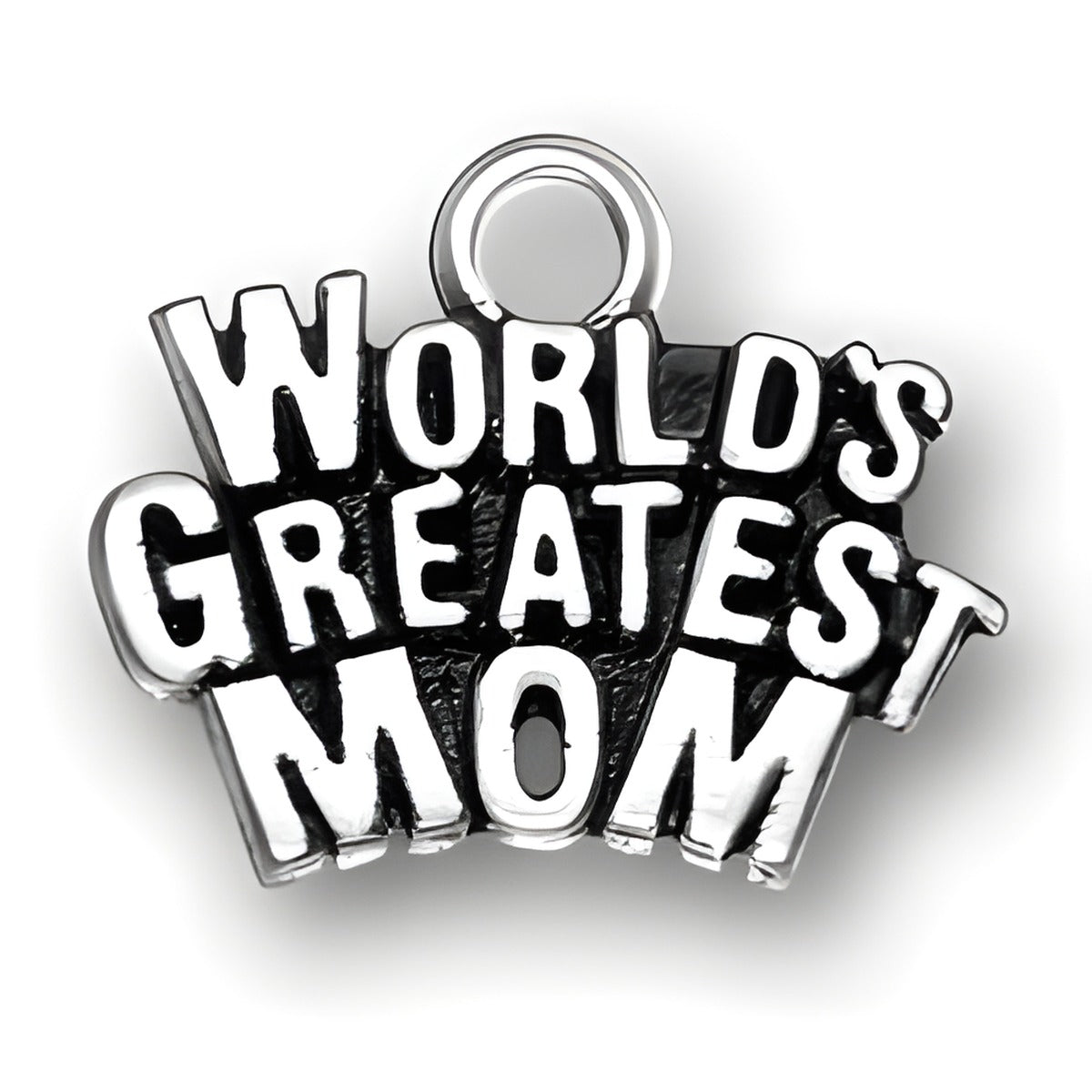 Sterling silver charm featuring the words 'WORLD'S GREATEST MOM' in bold, playful lettering.