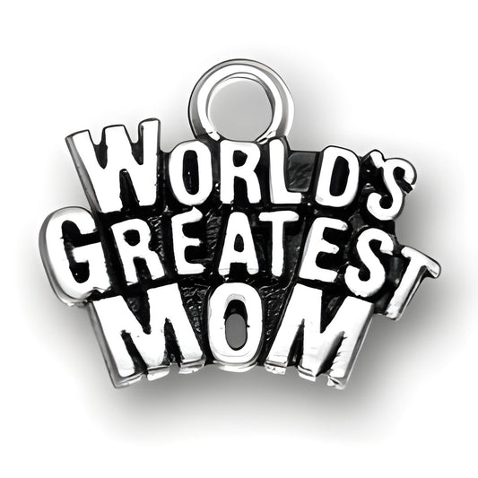 Sterling silver charm featuring the words 'WORLD'S GREATEST MOM' in bold, playful lettering.