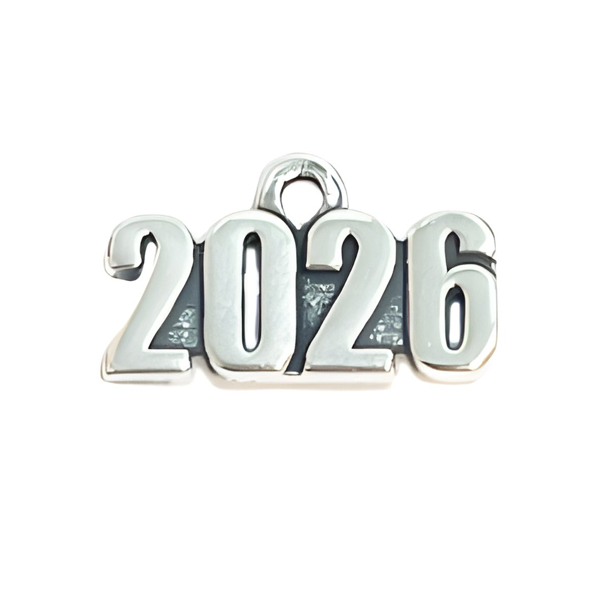 Charm Factory Year 2026 Charm, made of polished sterling silver, featuring bold, three-dimensional numbers.