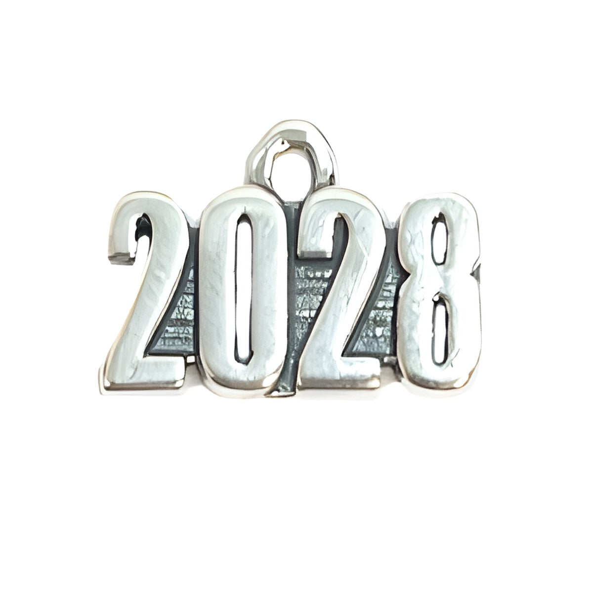 Charm Factory Year 2028 Charm, made of silver-tone metal, featuring bold numbers with a textured background.