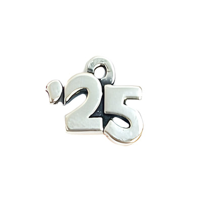 Charm Factory Year '25 Charm, crafted from shiny silver metal, featuring the number 25 in a bold design.